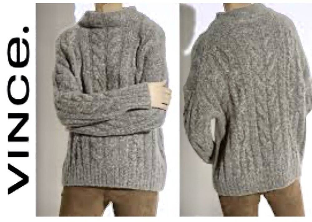 VINCE Alpaca-Wool-Blend Braided Cable Funnel Neck Oversized Sweater sz L $465